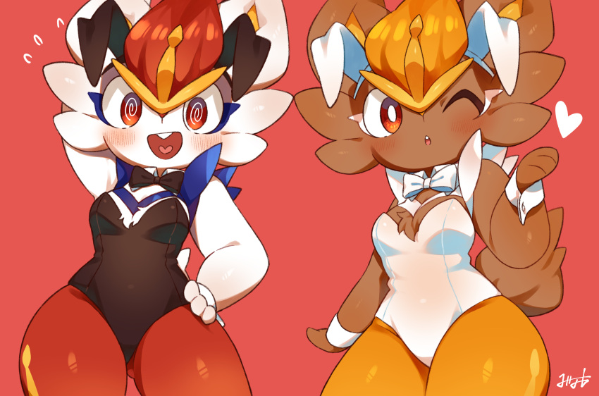 2d 2girls anthro bunny_ears bunny_tail bunnysuit cinderace eye_closed female/female female_cinderace female_only furry heart heart_mouth minamo_(pixiv17726065) nintendo pokémon_(species) pokemon red_background red_eyes shiny_cinderace shiny_pokemon simple_background small_breasts