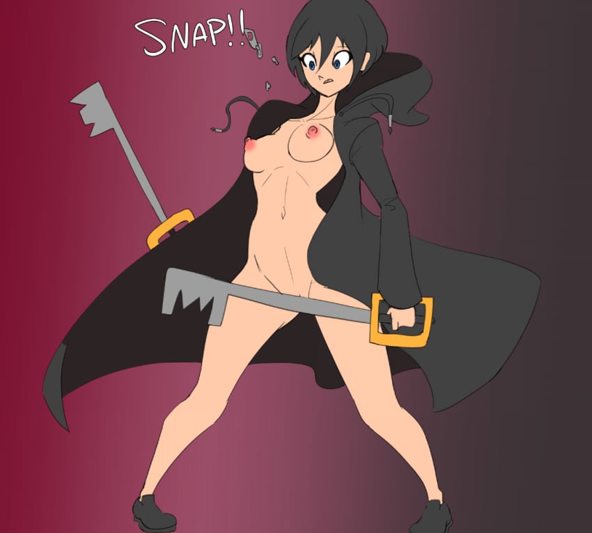 alexdrawsnsfw black_cloak breasts casual cloak embarrassed embarrassed_nude_female enf exposed_body exposed_breasts exposed_pussy female footwear functionally_nude human keyblade kingdom_hearts naked nipples nude outerwear pale_skin unzipped wardrobe_malfunction weapon xion