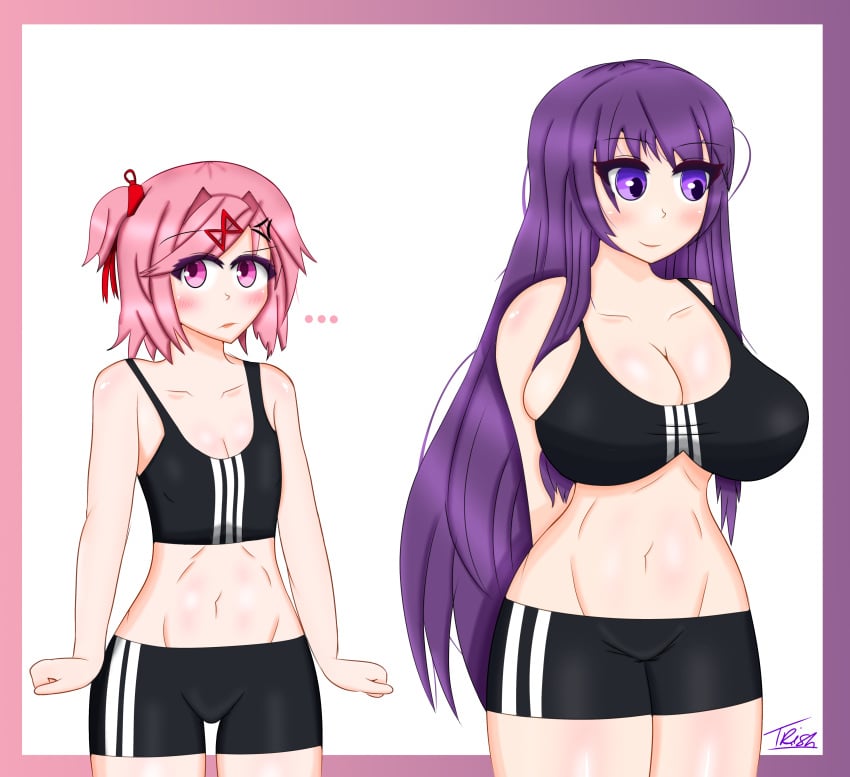 2girls annoyed belly belly_button bigger_female bra comparing doki_doki_literature_club female female_only gothtrishy huge_breasts large_breasts light-skinned_female light_skin long_hair looking_away looking_pleasured medium_support_(meme) multiple_girls natsuki_(doki_doki_literature_club) pink_eyes pink_hair plain_background pleased pleasure_face purple_eyes purple_hair shiny_clothes shiny_hair shiny_skin short_hair shorts size_difference small_breasts smaller_female sports_bra sportswear squished_breasts thick_thighs yuri_(doki_doki_literature_club)