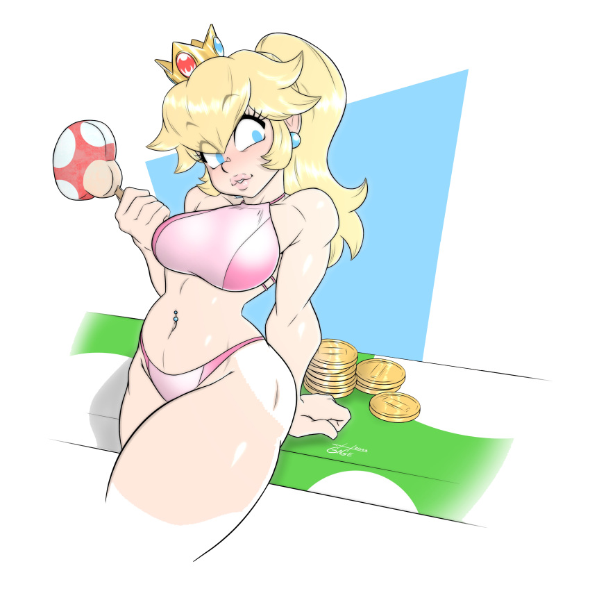 1girls arm_support big_breasts bikini blonde_hair blue_eyes breasts busty coin curvy female female_only gage highres large_breasts legs mario_(series) money navel navel_piercing nintendo parted_lips piercing pink_bikini pink_lips ponytail princess princess_peach smile solo super_mario_bros. super_mushroom swimsuit thick_thighs thighs thong_bikini toned wide_sleeves