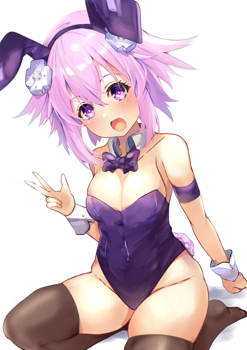 1girls bimmy breasts cleavage feet highres kneeling legs leotard looking_at_viewer medium_breasts neptune_(neptunia) neptunia_(series) open_mouth playboy_bunny purple_eyes purple_hair rabbit_ears rabbit_tail sitting smile thick_thighs thighs v