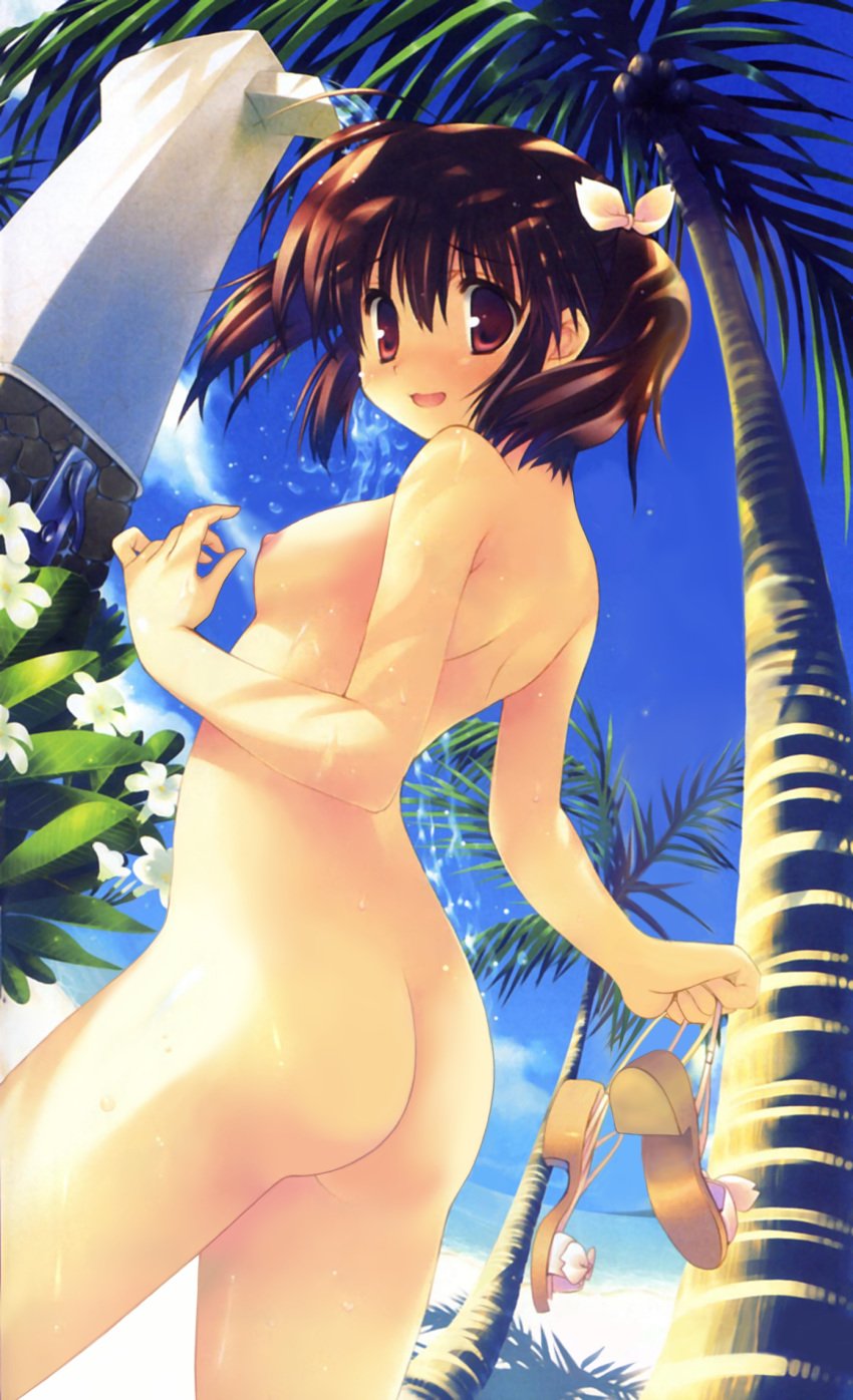 beach breasts brown_hair edit exhibitionism flat_chest high_heels highres looking_back mitsumi_misato nipples nude_filter open_shoes photoshop red_eyes sandals short_hair small_breasts sweat tied_hair to_heart_(series) to_heart_2 twintails underboob yuzuhara_konomi