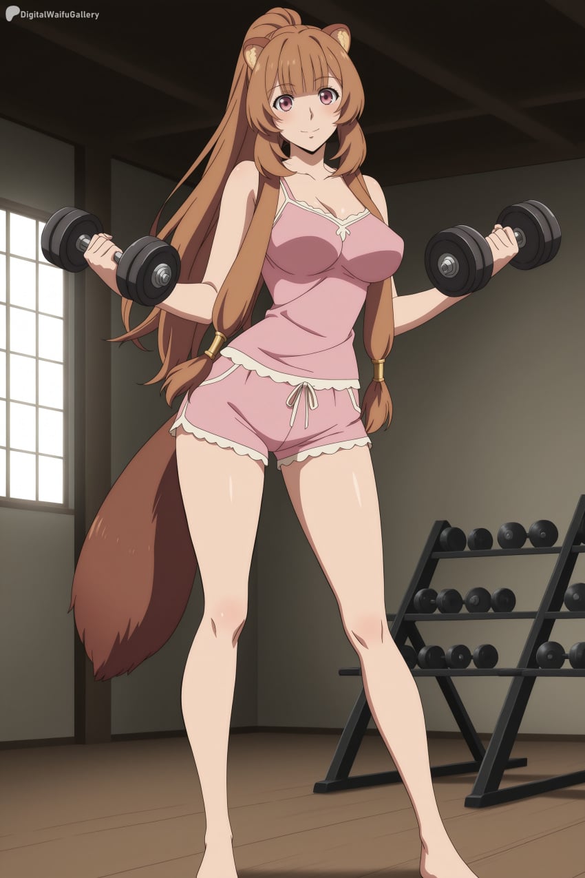 1girl ai_generated animal_ear_fluff animal_ears artist_name bare_shoulders barefoot blush breasts brown_hair cleavage closed_mouth collarbone digitalwaifugallery dolphin_shorts dumbbell exercise full_body gym hi_res high_quality high_resolution indoors large_breasts legs long_hair looking_at_viewer patreon patreon_username pink_shorts ponytail raccoon_ears raccoon_girl raccoon_tail raphtalia seductive sexy short_shorts shorts sidelocks smile solo standing tail tate_no_yuusha_no_nariagari uncensored very_long_hair watermark weightlifting weights wooden_floor