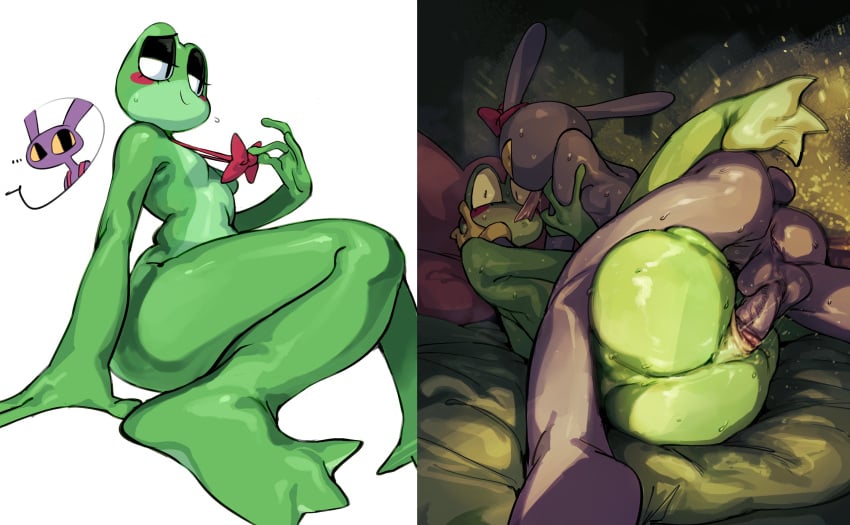 2girls 2koma anal anal_sex anthro bed bedroom bunny_ears bunny_girl caught caught_in_the_act doppel frog frog_girl green_body jax_(the_amazing_digital_circus) kissing kissing_while_penetrated mating_press penetration penis purple_body red_ribbon ribbit_(the_amazing_digital_circus) suggestive suggestive_look suggestive_pose the_amazing_digital_circus trans_woman trans_woman_(lore) vaginal_penetration vaginal_sex white_background