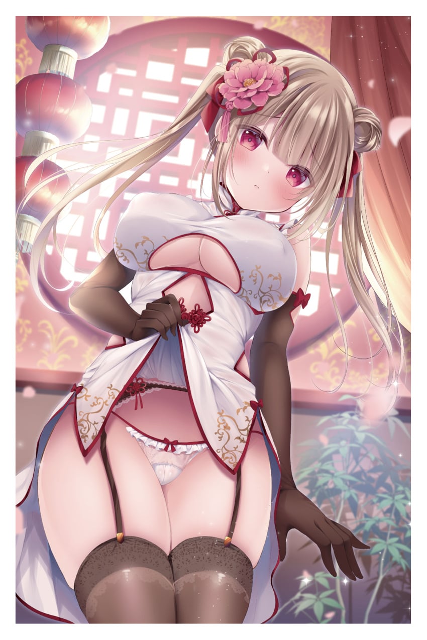 1girl blush bow_panties breasts brown_hair bun_hair china_dress chinese_clothes cleavage clothed clothes_lift dress_lift flower flower_hair_ornament flower_in_hair garter_belt garter_straps hair_bun hair_ornament hair_ribbon highres large_breasts long_hair melonbooks original panties ribbon_panties shibainu_niki stockings straight_hair tied_hair twin_buns twintails