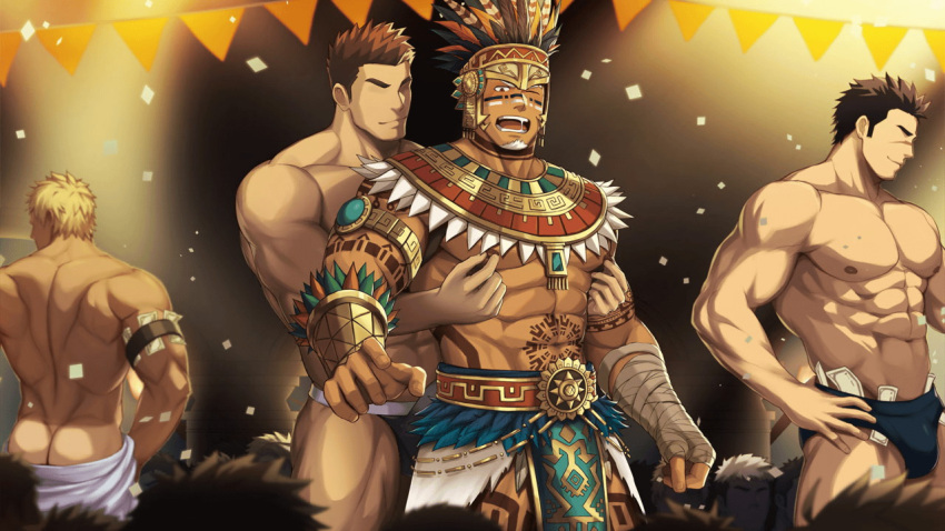 6+boys abs arm_tattoo bara black_hair black_male_underwear blonde_hair character_request crave_saga facepaint facial_hair large_pectorals leg_tattoo male_focus male_underwear money multiple_boys muscular muscular_male navel nipple_tweak nipples non-web_source official_art pectorals short_hair stomach_tattoo tattoo tucked_money underwear yaoi