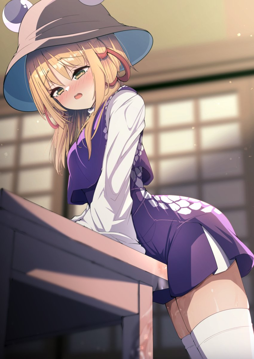 absurdres arched_back blonde_hair blush breasts brown_headwear clothed_masturbation commentary_request crotch_rub d: darumoon female female_masturbation furrowed_brow hair_ribbon half-closed_eyes hat high-waist_skirt highres horizontal_pupils indoors long_hair long_sleeves looking_ahead masturbation masturbation_through_clothes miniskirt moriya_suwako nose_blush open_mouth parted_bangs purple_skirt purple_vest pussy_juice pussy_juice_stain red_ribbon ribbon skirt skirt_set small_breasts solo suwako_moriya table table_humping teeth thighhighs thighs touhou upper_teeth_only vest white_thighhighs wide_sleeves