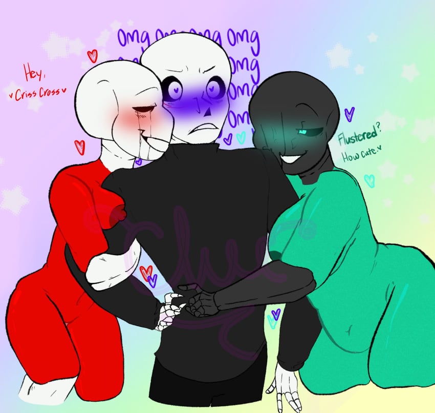 1boy 2d 2d_(artwork) 2d_artwork 2girls alternate_universe animated_skeleton blush color cross_sans dialogue dreamtale ectobody ectobreasts english english_dialogue english_text flustered gradient_background green_blush green_body heart heart-shaped_pupils hetero khorroux killer_sans killertale male/female nightmare_sans nightmare_sans_(fan_character) purple_blush red_blush red_body sans sans_au sanscest simple_shading skeleton straight tagme text trio undertale undertale_(series) undertale_au xtale