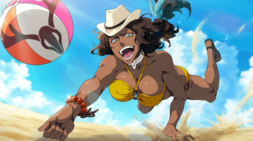 arrancar athletic_female beach bikini bleach bleach_brave_souls brown_hair cowboy_hat dark-skinned_female green_eyes long_hair mila_rose muscular_female volleyball