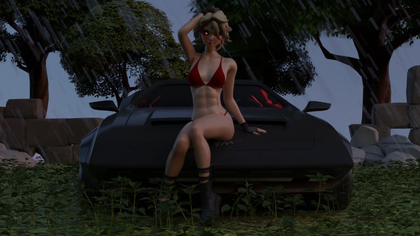 3d 3d_(artwork) abs belly belly_button bikini bikini_bottom bikini_top black_car blonde_female blonde_hair blonde_hair_female blush blushing_at_viewer boots car closed_legs clothing exposed exposed_belly exposed_shoulders footwear fortnite fortnite:_battle_royale handwear holding_head holding_own_head joni_(fortnite) legs_closed looking_at_viewer outdoor outdoors outside panty_straps raining red_bikini red_eyes red_lips red_lipstick short_hair sitting_on_car six_pack slim slim_girl slim_waist small_waist sparkling_eyes sports_car stone_wall swimwear whiplash_(car)_(fortnite) wide_hips