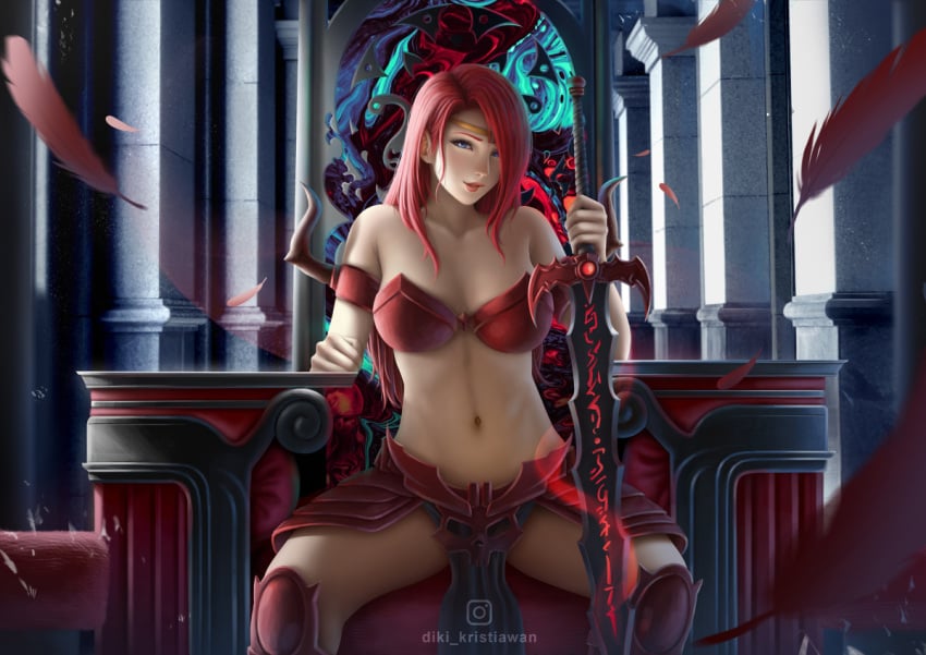 1girls adventurequest_worlds aqw aqworlds armor artix_entertainment blue_eyes breasts breasts circlet digital_drawing_(artwork) digital_media_(artwork) female female female_only gravelyn holding_sword metal_bikini metal_bra midriff nozomi_id red_armor red_hair sitting sitting_on_throne skirt solo solo_female sword thighs throne