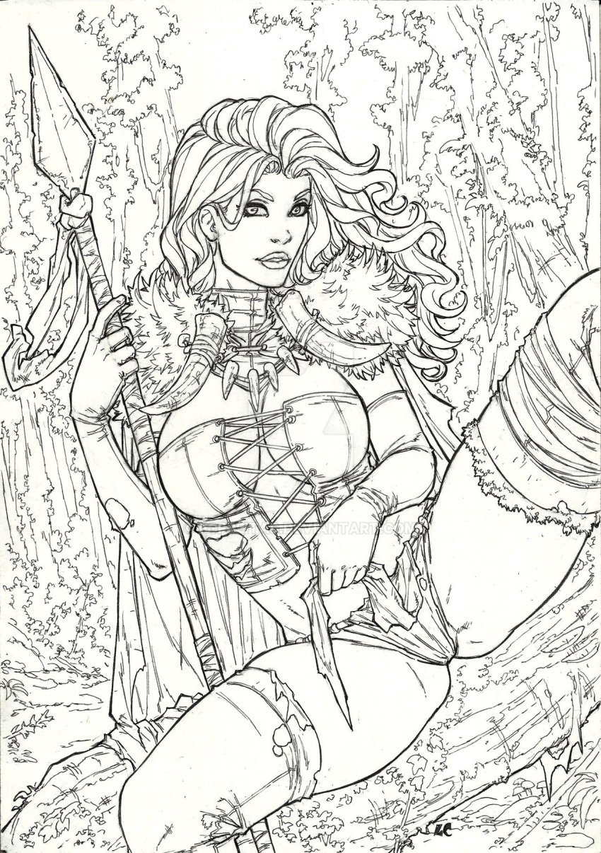 big_breasts black_and_white breasts cleavage corset elbow_gloves emma_frost female female_only jungle lcfreitas marvel marvel_comics panties savage_land spear thighhighs torn_clothes white_queen x-men