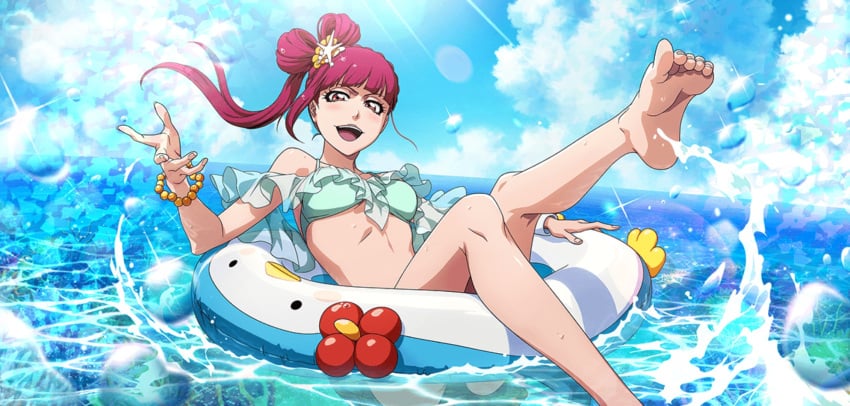 beach bikini bleach bleach_brave_souls dokugamine_riruka feet legs official_art red_hair swimsuit toes