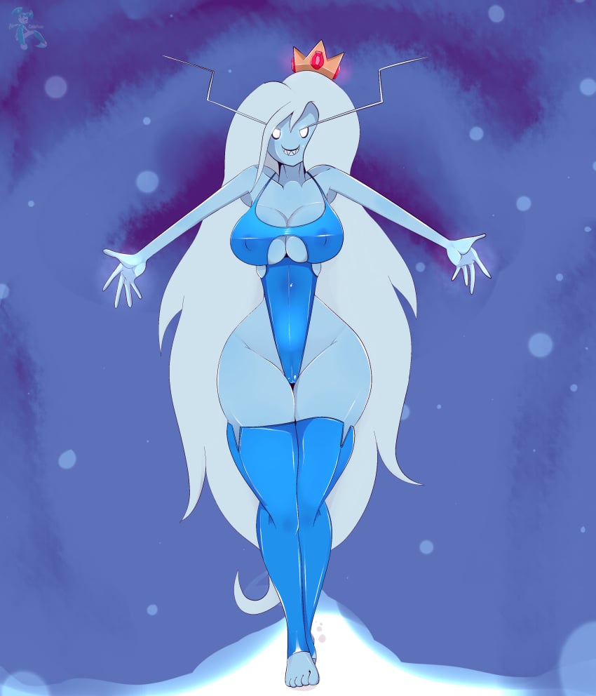 1girls adventure_time blue_body blue_skin cleavage crisisaura female female_only ice_queen ice_queen_(adventure_time) leotard long_hair looking_at_viewer sharp_teeth solo solo_female solo_focus stockings thick_thighs thighhighs thighs white_hair