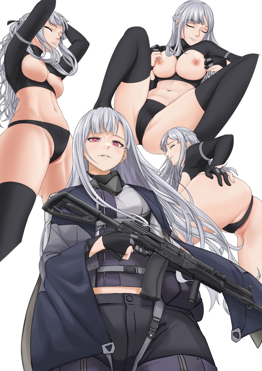 absurdres ak-12 ak-12_(girls'_frontline) ass assault_rifle breasts cloak closed_eyes girls'_frontline gloves grey_hair gun highres kalashnikov_rifle kiserohu_3 large_breasts light_smile long_hair mask mouth_mask nipples panties partially_fingerless_gloves presenting pussy red_eyes rifle smile spread_ass spread_legs stomach thighhighs underwear weapon white_background