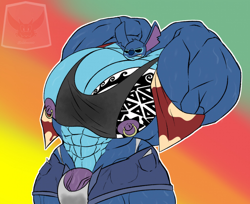 2023 abs alien aloha_shirt anthro anthrofied areola big_muscles biped black_eyes blue_body blue_fur blue_nose bodily_fluids boldemonic bottomwear clothed clothing digital_drawing_(artwork) digital_media_(artwork) disney experiment_(lilo_and_stitch) flexing fur genitals gradient_background hands_behind_head head_tuft hi_res huge_muscles huge_thighs hyper hyper_muscles hyper_pecs lilo_and_stitch looking_at_viewer male male_only muscular nipple_piercing nipples notched_ear open_bottomwear open_clothing open_pants open_shirt open_topwear outline pants pattern_clothing pattern_shirt pattern_topwear penis penis_base piercing purple_areola purple_penis shirt shorts simple_background solo stitch_(lilo_and_stitch) sweat tattoo thick_thighs topwear tuft watermark