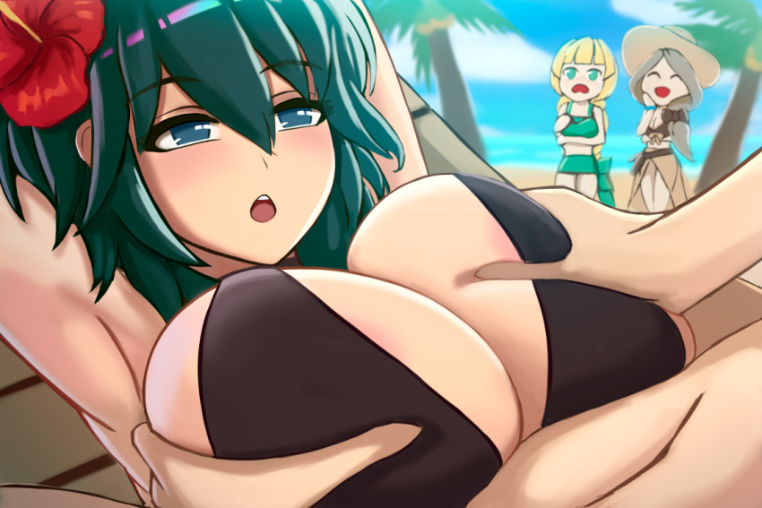 1boy 3girls alternate_breast_size alternate_costume areolae areolae_slip armpits arms_behind_head bangs beach beach_chair big_breasts bikini black_bikini black_swimsuit blonde_hair blue_eyes braid braided_ponytail breast_grab breasts brown_bikini brown_hair brown_swimsuit byleth_(fire_emblem) byleth_(fire_emblem)_(female) byleth_(summer)_(fire_emblem)_(female) chair chibi ciderwrath cleavage closed_eyes coconut covered_nipples double_breast_grab embarrassed engulfing_paizuri expressionless female female_focus fire_emblem fire_emblem:_three_houses fire_emblem_heroes flower frown green_bikini green_eyes green_swimsuit groping hair_between_eyes hair_flower hair_over_shoulder happy hat hibiscus huge_breasts ingrid_brandl_galatea ingrid_brandl_galatea_(summer) large_breasts light-skinned_female light-skinned_male light_skin long_hair male medium_breasts medium_hair mercedes_von_martritz mercedes_von_martritz_(summer) multiple_girls nintendo nipple_slip nipples ocean official_alternate_costume on_chair open_mouth outdoors paizuri_lead_by_male palm_tree public red_flower sarong sex shocked side_ponytail sideboob smile standing straddling straddling_paizuri straight sun_hat swimsuit teacher teacher_and_student teaching teal_hair tree very_long_hair voyeur voyeurism watching