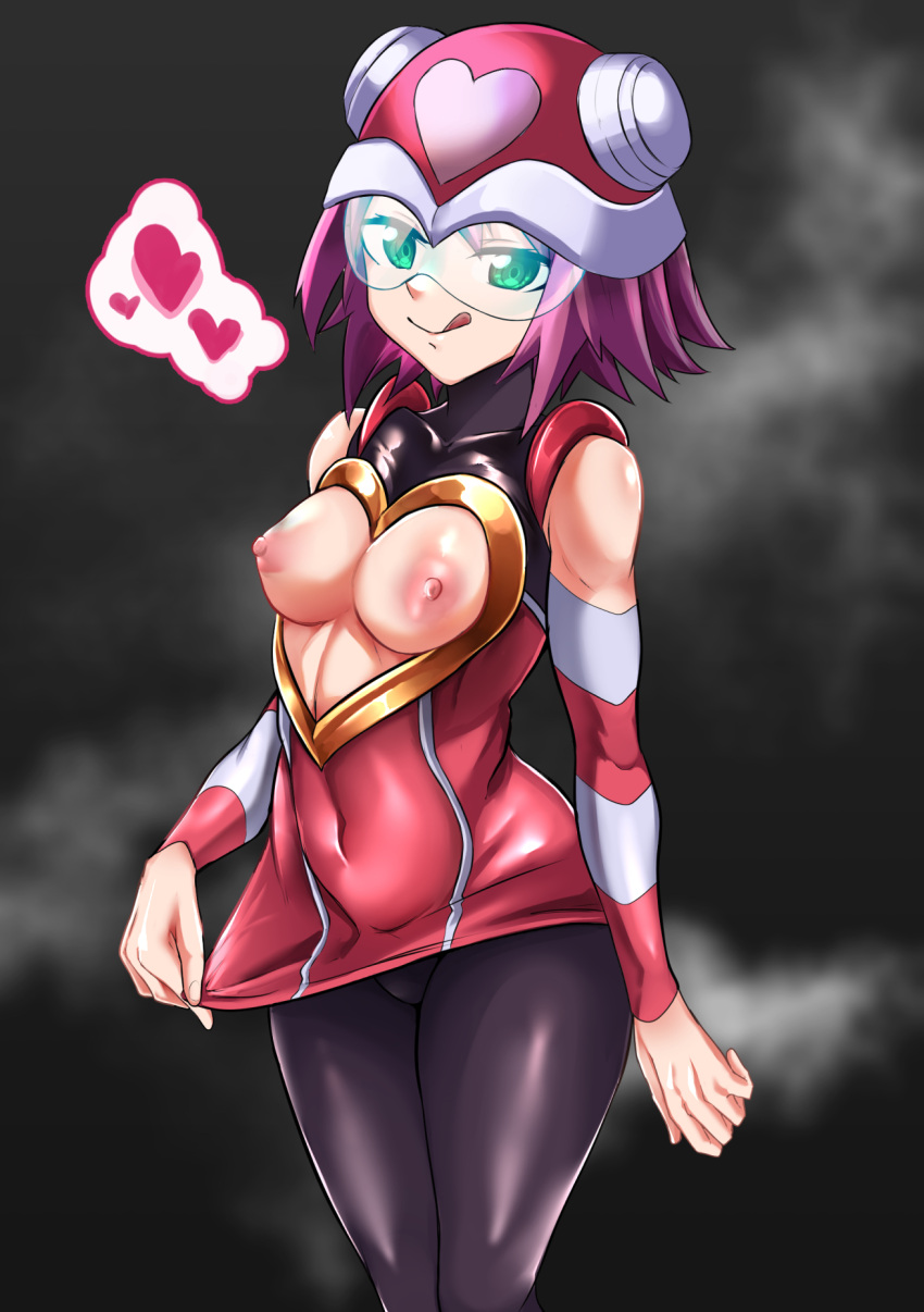 1girls blush breasts exposed_breasts female green_eyes heart helmet hibiki_misora licking_lips looking_at_viewer medium_breasts mega_man mega_man_star_force nipples purple_hair sa_9 solo sonia_strumm tongue_out