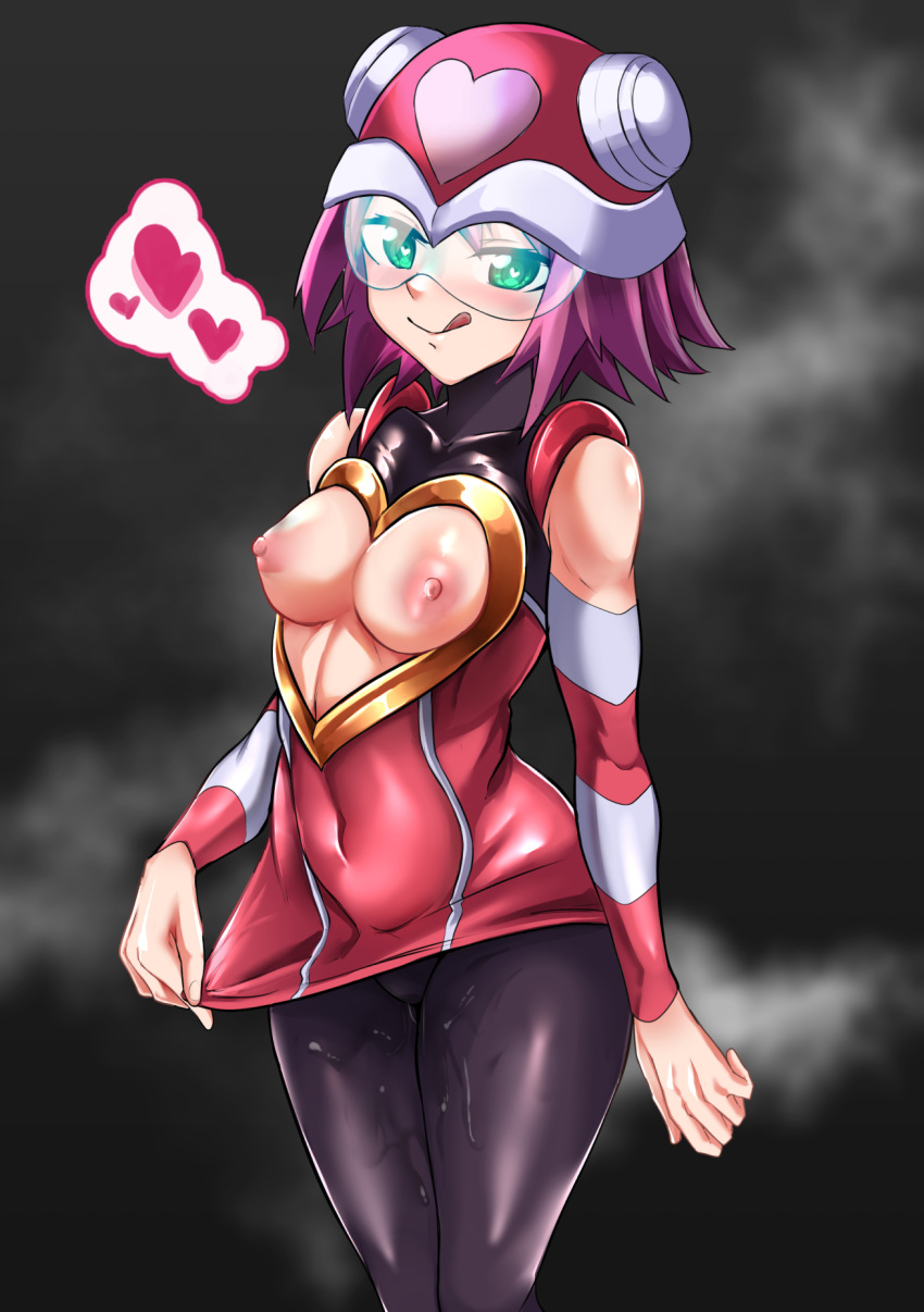 1girls blush breasts exposed_breasts female green_eyes heart helmet hibiki_misora licking_lips looking_at_viewer medium_breasts mega_man mega_man_star_force nipples purple_hair pussy_juice sa_9 solo sonia_strumm tongue_out