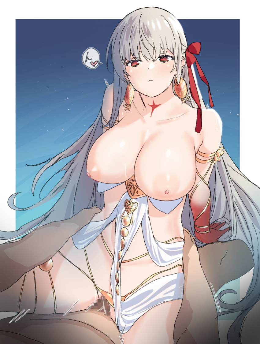 1boy armlet bare_shoulders belly_chain blush body_markings bracelet breasts breasts_out censored clothes_pull collarbone colored_skin cowgirl_position cowgirl_position durga_(fate) earrings facial_mark fate/grand_order fate_(series) female forehead_mark gradient_skin grey_hair hair_ribbon highres jewelry large_breasts long_hair nipples pelvic_curtain penis pussy red_eyes red_skin revealing_clothes ribbon sash sex straddling straight thighs vaginal_penetration very_long_hair zourion