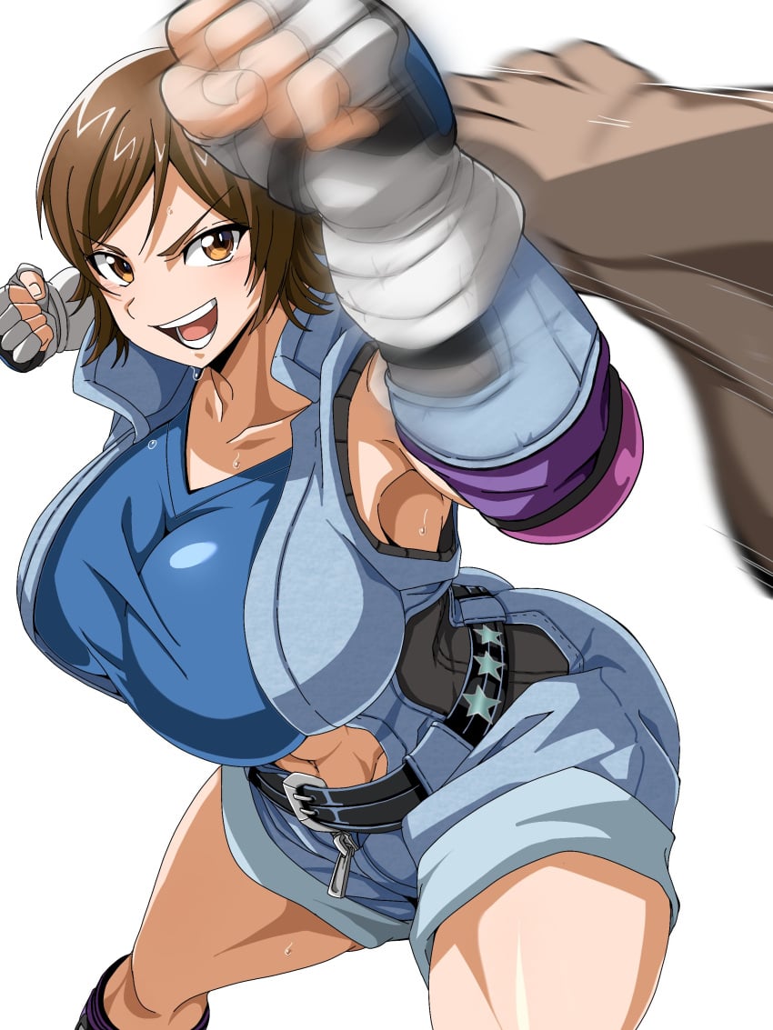 1boy 1girls abs armpits asian asian_female ass belt big_ass big_breasts big_butt breasts brown_hair collar confident feet_out_of_frame female_only fight fighting fighting_stance fingerless_gloves gloves hair_between_eyes huge_breasts kazama_asuka large_ass large_breasts light-skinned_female light_skin looking_at_viewer muscles muscular muscular_arms muscular_male no_background open_mouth oppai pov ryohei_29 short_hair shorts simple_background teeth tekken text thick_thighs thighs tomboy toned toned_female toned_stomach tongue white_background