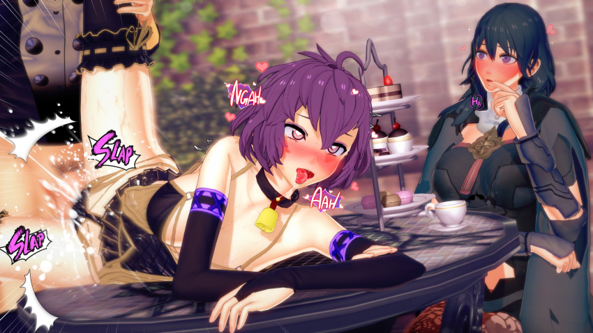 1boy 2girls 3d ahe_gao bell_collar bernadetta_von_varley black_skirt blush breasts byleth_(fire_emblem) byleth_(fire_emblem)_(female) collar corruption female femdom femsub fire_emblem fire_emblem:_three_houses garreg_mach_monastery_uniform hypnosis leg_up male maledom medium_hair more_at_source multiple_girls nintendo on_table penetration purple_hair revealing_clothes skirt sound_effects tongue tongue_out v-kris