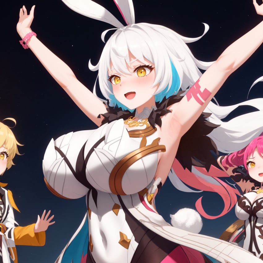 1boy 1girls 2023 2girls aether_(genshin_impact) ai_generated annoyed armpits arms_up asmoday_(genshin_impact) balls blonde_hair blue_hair blush bodysuit breast_expansion breasts breasts_bigger_than_head bulge bunny_ears bunny_girl bunny_tail bursting_breasts bursting_clothes clothed clothing expansion festival floating_hair genshin_impact gloves growth happy hi_res highres hourglass_figure huge_breasts human jealous large_breasts light-skinned_female light_skin long_hair looking_at_breasts multicolored_hair open_mouth pink_hair surprised teeth transformation voluptuous voluptuous_female white_hair yellow_eyes yellow_hair