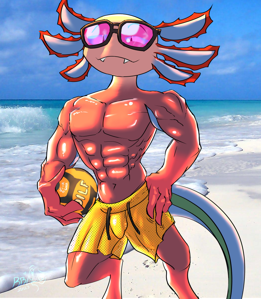 2023 5_fingers abs amphibian animal_legs anthro anthro_only artist_logo artist_signature axo_(fortnite) axolotl ball barefoot beach beach_volleyball biceps blue_body blue_eyes blue_scales bottomwear brachioradialis bulge closed_mouth closed_smile clothed clothed_anthro clothed_male clothing colored dated deltoids digital_drawing_(artwork) digital_media_(artwork) digitigrade drawstring extensor_carpi fanart fortnite front_view glistening glistening_body glistening_clothing glistening_scales green_body green_scales half-closed_eyes hand_on_leg happy holding_ball holding_volleyball humanoid_hands latissimus_dorsi lighting logo looking_at_viewer male male_anthro male_only membrane_(anatomy) multicolored_body multicolored_scales muscles muscular muscular_anthro muscular_arms muscular_legs muscular_male navel obliques outside pecs photo_background pink_body pink_scales pinup portrait pose quads salamander_(amphibian) sand sea serratus serratus_anterior shaded shore shorts signature smile smiling smiling_at_viewer solo solo_anthro solo_male standing sunglasses thebigblackcod three-quarter_portrait topless topless_anthro topless_male triceps volleyball water wearing_eyewear wearing_glasses wearing_sunglasses wide_stance yellow_bottomwear yellow_shorts