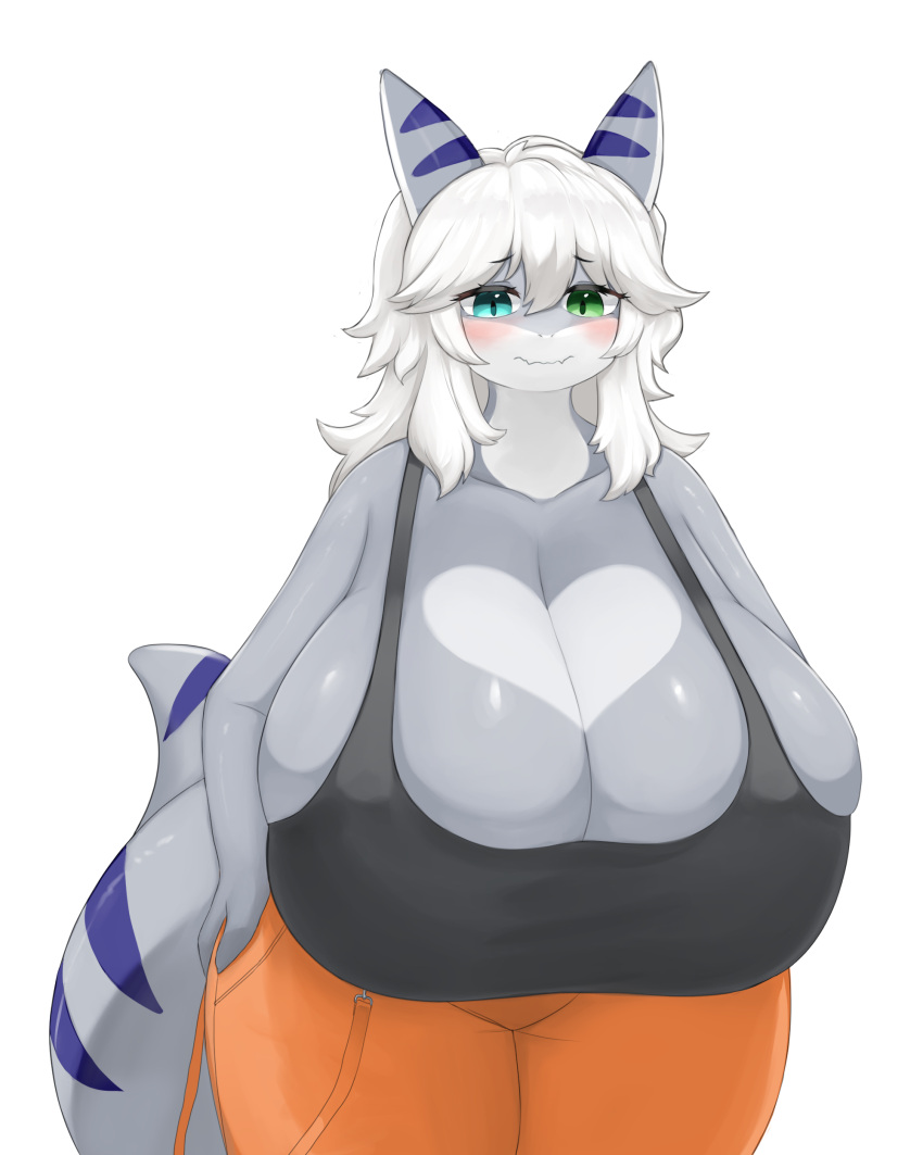 anthro breasts clothed clothing hands_on_hips heart heart_marking huge_breasts hyper_breasts inake shark shark_girl solo tagme tiger_shark white_hair