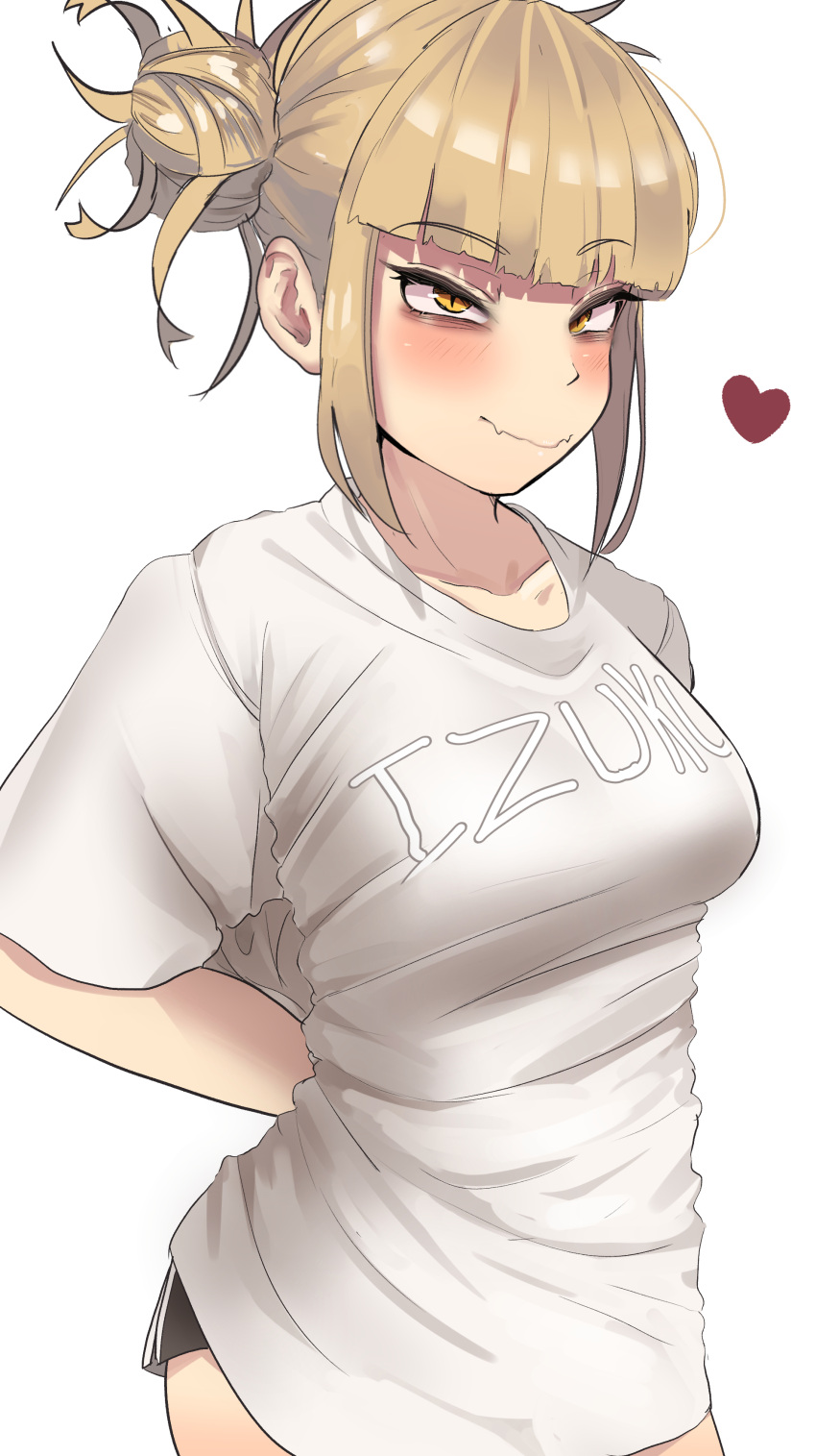 1girls absurd_res amber_eyes big_breasts blonde_hair blush breasts clothing collarbone eyewear fully_clothed heart hidden_curves highres himiko_toga my_hero_academia nervous_smile shirt_tighten_meme simple_background smile solo t-shirt t-shirt/pajamas_challenge text_on_clothing toga_himiko twintails wavy_mouth white_background white_shirt zd_(pixiv6210083)