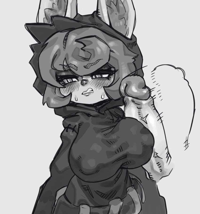 1boy 1girls animal_ears big_breasts blush clothed embarrassed league_of_legends looking_away monochrome penis penis_awe sappu sappucaio short_hair shortstack standing sweat vex_(league_of_legends) yordle