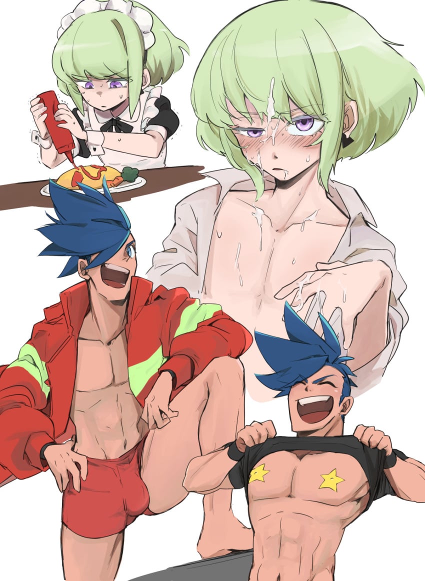 2boys :d ^_^ abs apron aus_vaka black_shirt blue_eyes blue_hair bottle closed_eyes clothes_lift cum cum_on_chest cum_on_hands earrings facial femboy food galo_thymos gay girly green_hair half-closed_eye highres holding holding_bottle jacket jewelry ketchup ketchup_bottle lio_fotia maid maid_apron maid_headdress male_focus male_underwear mohawk multiple_boys omelet omurice open_clothes open_jacket open_mouth pasties promare red_male_underwear shirt shirt_lift smile star_pasties underwear white_background yaoi