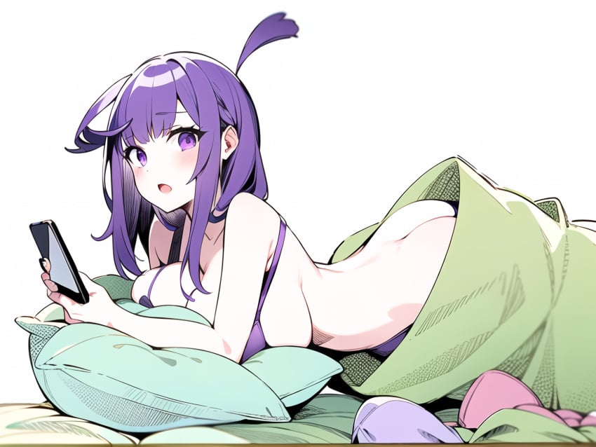 ai_generated ai_hands anime_style bed big_breasts bikini boobs lila_(spooky_month) mobile_phone purple_bikini purple_eyes purple_hair redraw sr_pelo