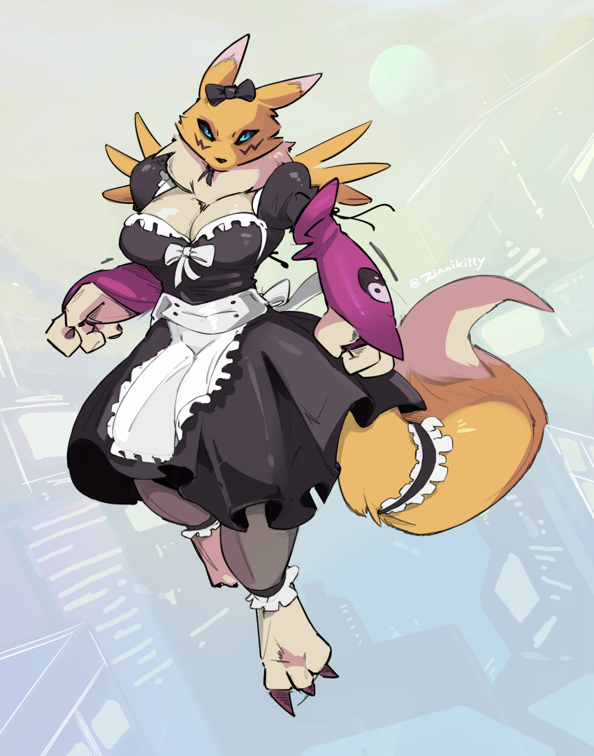 apron big_breasts claws cleavage digimon female female_focus female_only fox fox_ears fox_girl fox_humanoid fox_tail furry hair_ornament hair_ribbon hairbow maid maid_uniform renamon slim_waist tail yellow_fur zinnikitty