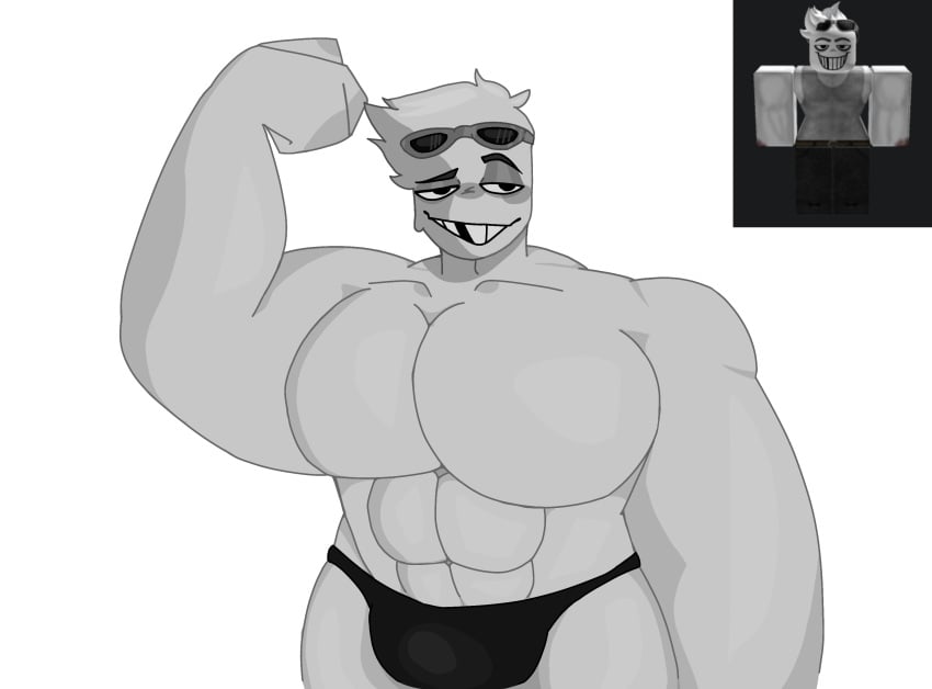 1boy abs ballzz bara bulge grinning looking_at_viewer male male_only missing_tooth muscular muscular_male pecs pectorals reference_image roblox roblox_avatar robloxian self_upload solo sunglasses sunglasses_on_head tagme thong white_body