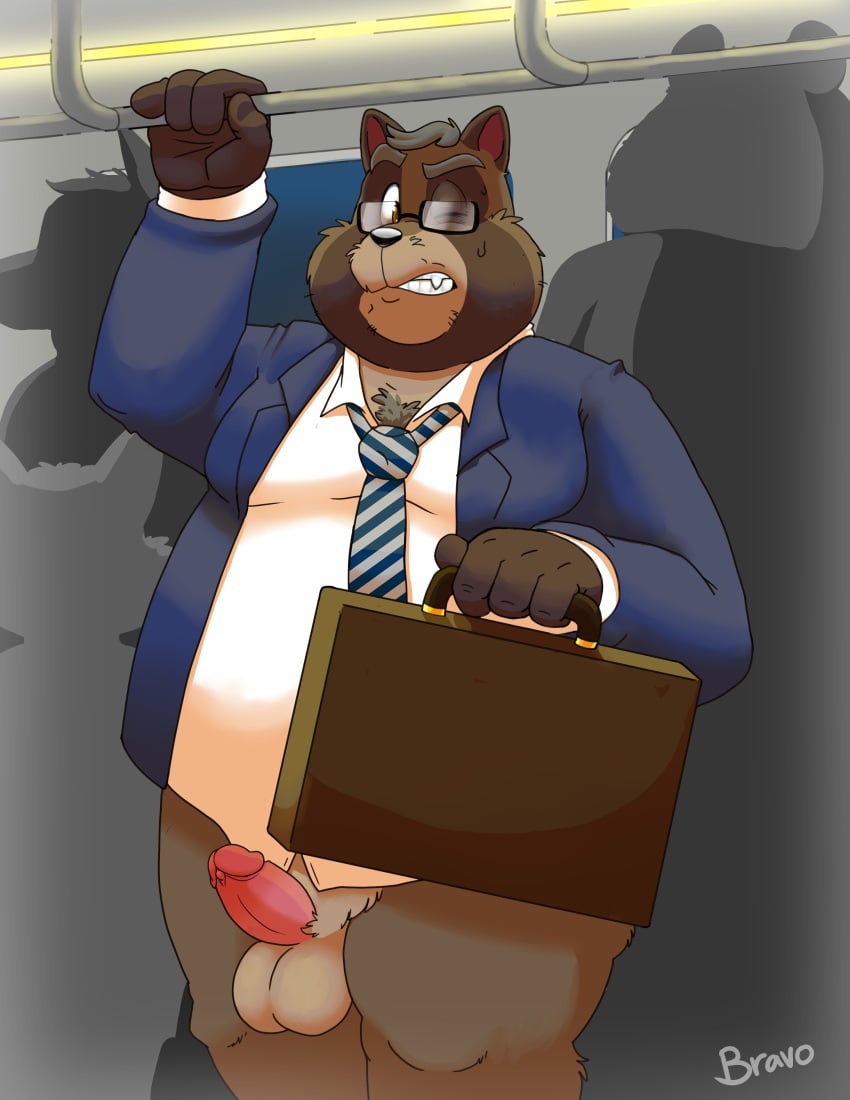 2023 absurd_res anthro balls belly big_belly black_nose bravo briefcase brown_body canid canine clothing erection eyewear genitals glasses group hi_res male mammal mature_male moobs necktie one_eye_closed overweight overweight_male penis raccoon_dog shirt solo_focus tanuki topwear