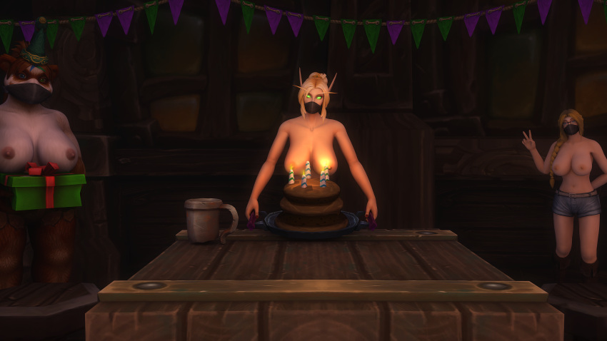 3d blood_elf blood_elf_female cake celebration female gift human human_female kaelatheelf kaelscorner pandaren pandaren_female topless warcraft world_of_warcraft