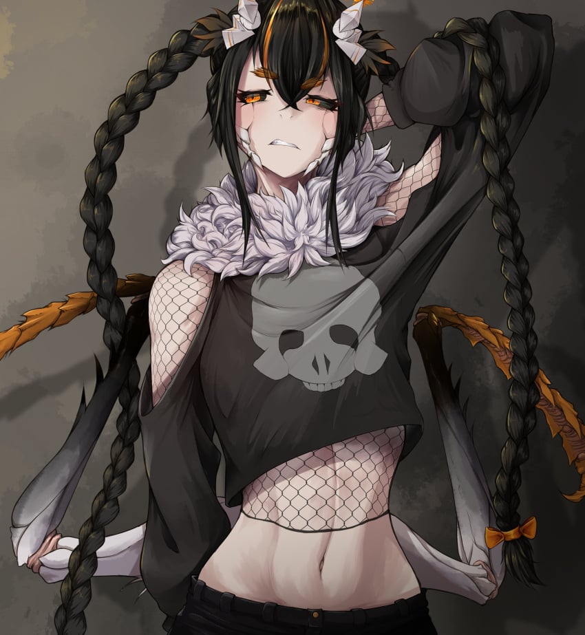 1girls _grub_grub_ animal_humanoid belly_button black_sclera braid braided_hair braided_twintails compact_body crop_top female fishnets hair hips humanoid indie_virtual_youtuber insect_girl insect_humanoid insect_legs juniper_(egocider) juniper_actias long_hair midriff monster_girl moth moth_girl moth_humanoid solo thin_waist twin_braids virtual_youtuber