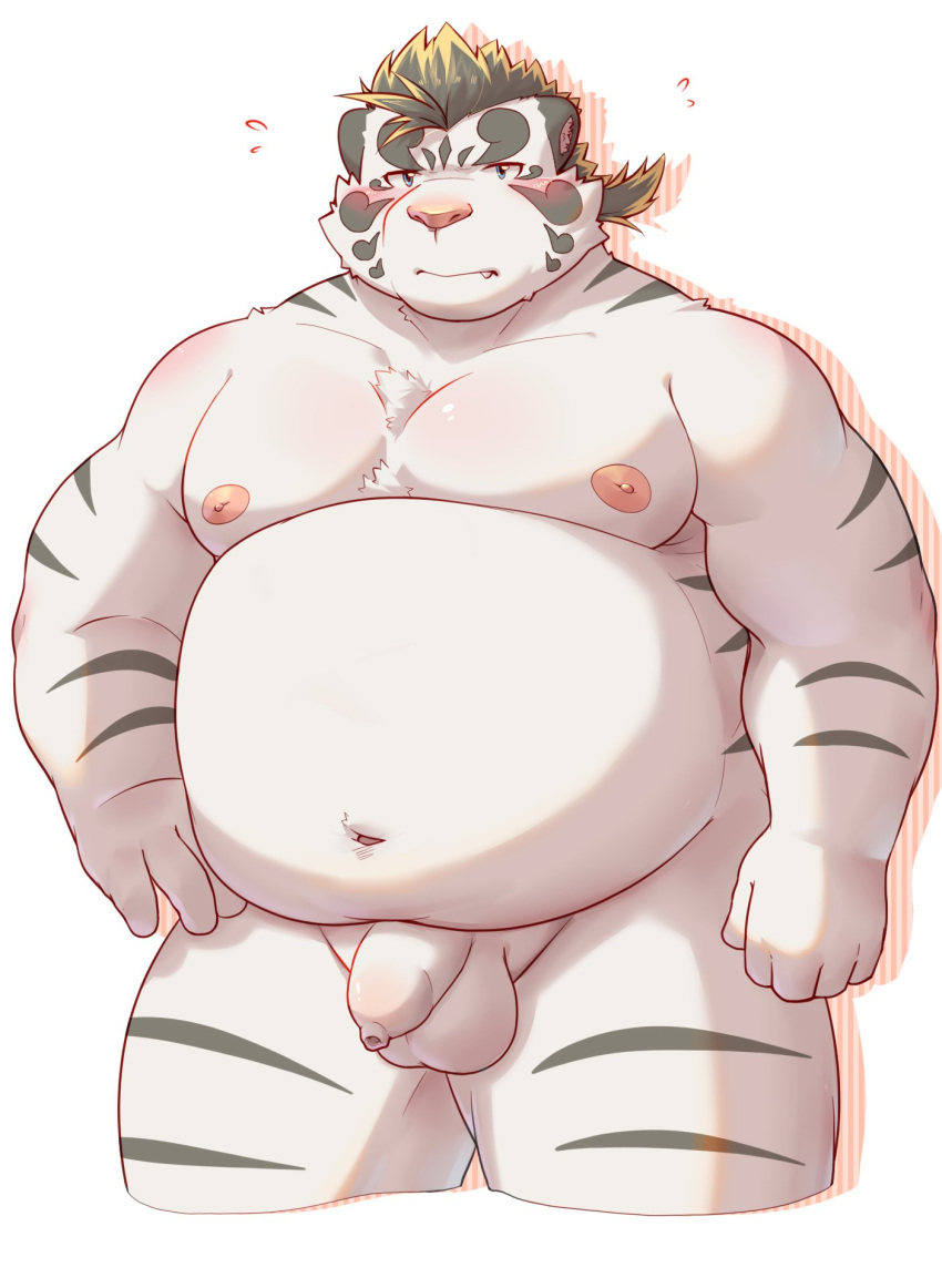 2023 anthro balls bawp belly big_belly blush felid flaccid foreskin genitals hi_res humanoid_hands kemono licho_(tas) lifewonders male mammal moobs navel nipples nude overweight overweight_male pantherine penis simple_background solo tiger tokyo_afterschool_summoners unretracted_foreskin white_background white_body