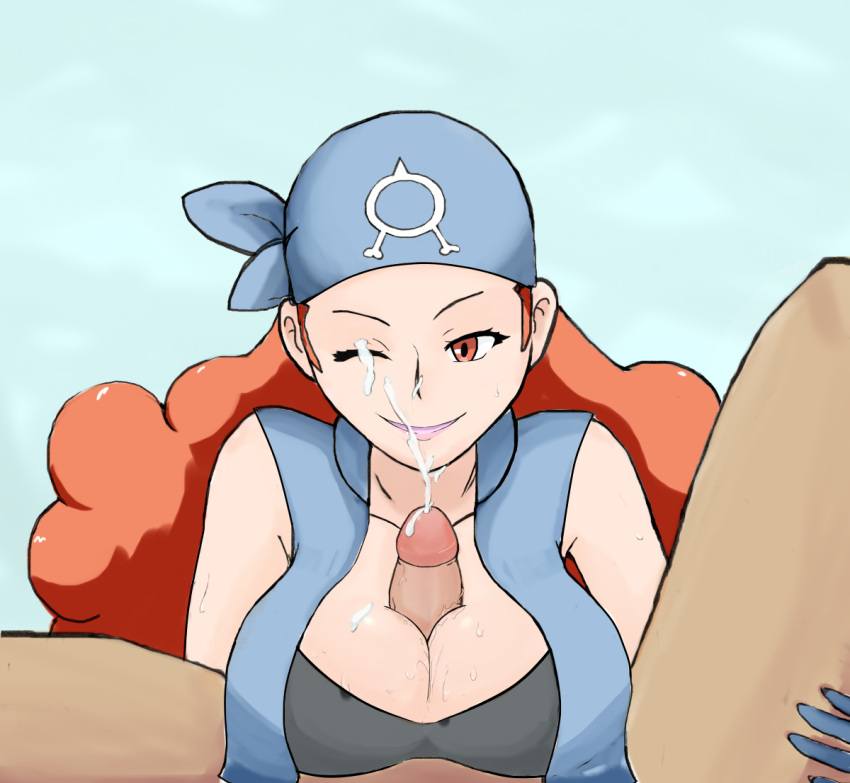 cum ejaculation ejaculation_between_breasts game_freak nintendo one_eye_closed paizuri paizuri_under_clothes pokemon pokemon_grunt pokemon_rse shelly_(pokemon) shelly_(pokemon_rse) smile team_aqua team_aqua_grunt