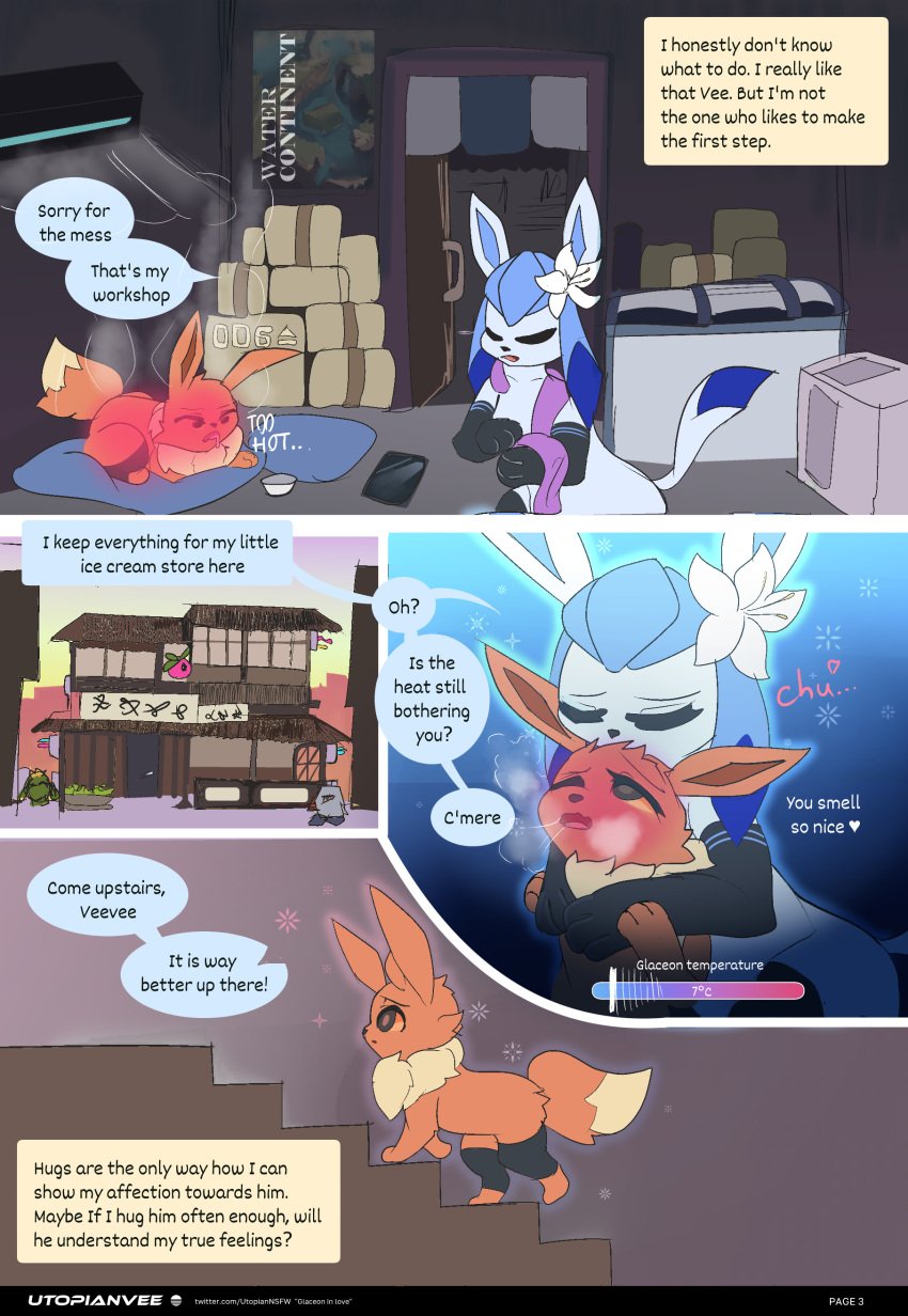 3_toes absurd_res black_clothing black_legwear blush clothing comic dialogue eevee eeveelution embrace english_text eti_(utopianvee) feet female generation_1_pokemon generation_4_pokemon glaceon hi_res hug legwear male mochi_(snowyembers) nintendo page_3 page_number pokemon pokemon_(species) simple_background speech_bubble stockings temperature_play text toes undressing utopianvee