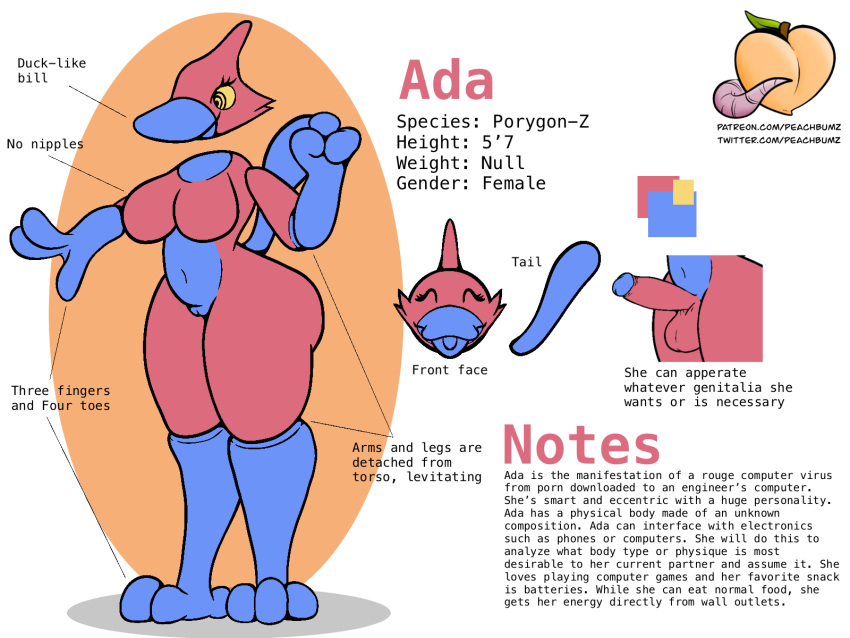 ada breasts fan_character generation_4_pokemon genitals hi_res model_sheet nintendo no_humans officialpeachbumz penis pokemon pokemon_(species) porygon-z pussy