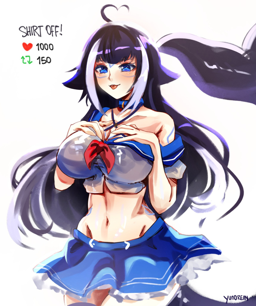 1girls belly_button big_breasts black_hair blue_eyes blush breasts clothed clothing face_markings female female_only indie_virtual_youtuber light-skinned_female light_skin like_icon markings orca_girl orca_tail retweet_icon shirt shylily skirt solo strip_game tail tongue two_tone_hair virtual_youtuber white_hair yuno_rein