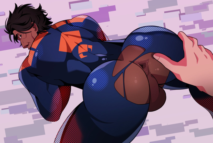 ass ass_grab asshole dark-skinned_male gay imminent_sex inkpuppy looking_at_viewer male_only marvel miguel_o'hara muscular ripped_bodysuit ripped_clothing showing_ass spider-man:_across_the_spider-verse spider-man_2099 spread_anus spread_ass testicles yaoi