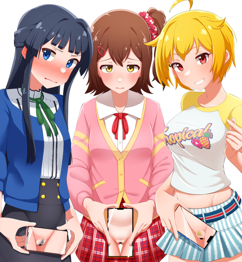 3girls absurdres ahoge black_hair blonde_hair blonde_pubic_hair blue_eyes blush breasts brown_eyes brown_hair cellphone censored cowboy_shot female female_pubic_hair hair_ornament hairclip highres holding holding_phone ibuki_tsubasa idolmaster idolmaster_million_live! jikantai kasuga_mirai long_hair looking_at_viewer medium_breasts mogami_shizuka multiple_girls one_side_up phone phone_screen photo_comparison pubic_hair red_eyes reverse_x-ray school_uniform scrunchie see-through short_hair simple_background smartphone white_background x-ray