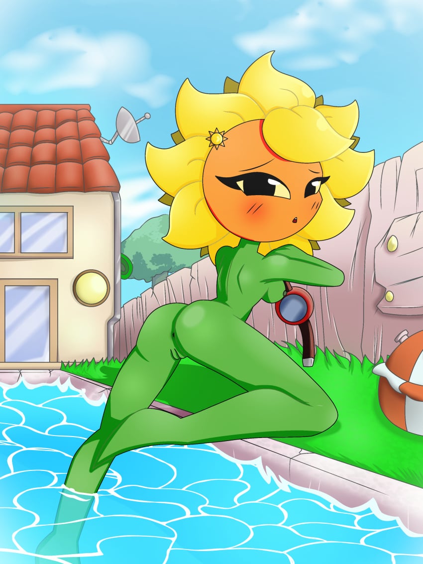 anthro ass ass_focus blush breasts embarrassed embarrassed_nude_female eyelashes female flower flower_creature looking_at_viewer looking_back plant plant_girl plant_humanoid plantie plants_vs_zombies pool pussy solar_flare_(pvz) solo_female springy_1.0 sunflower