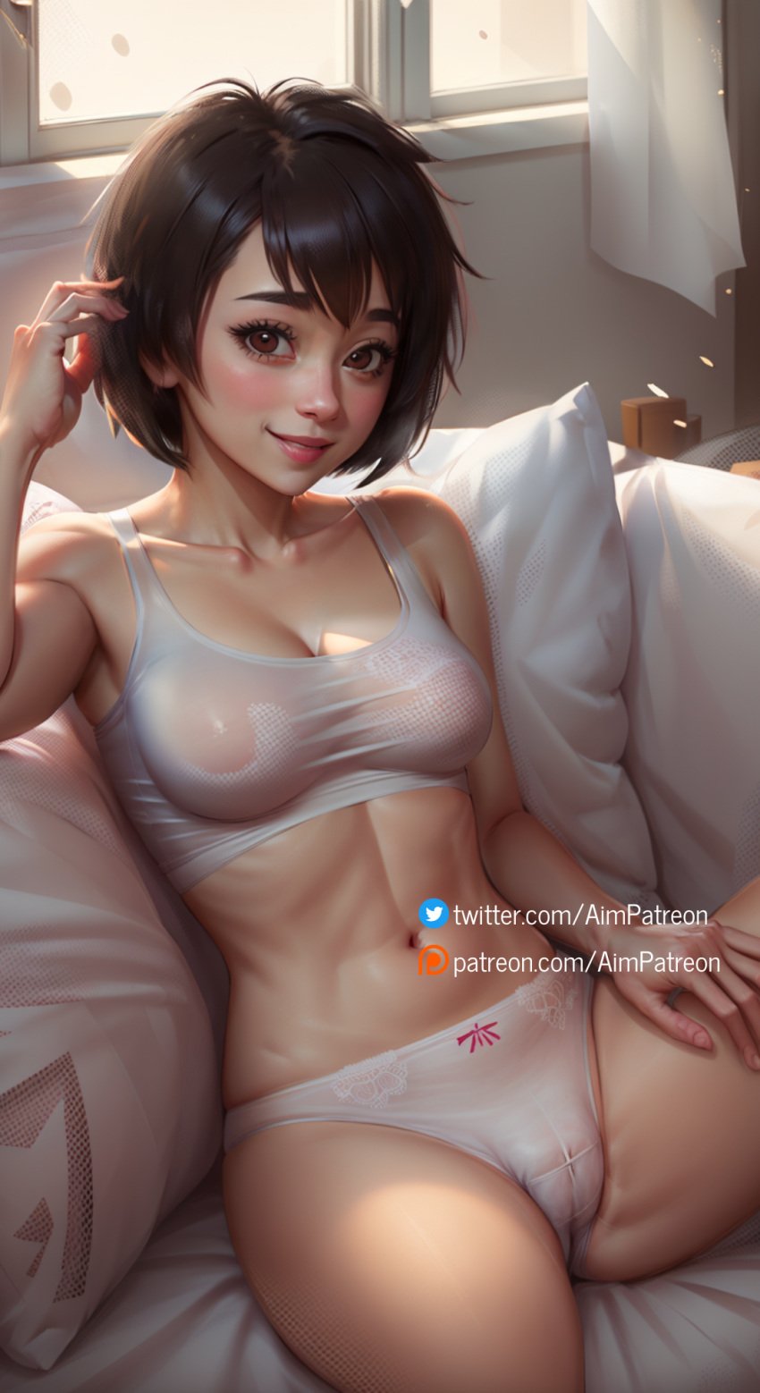 abs ai_generated aim_patreon bed bed_sheet bra breasts brown_eyes cameltoe cleavage collarbone curtains female indoors lips looking_at_viewer marvel medium_breasts navel on_bed panties peni_parker realistic see-through short_hair sitting smile solo spider-man:_across_the_spider-verse spider-man:_into_the_spider-verse spread_legs toned underwear white_panties window