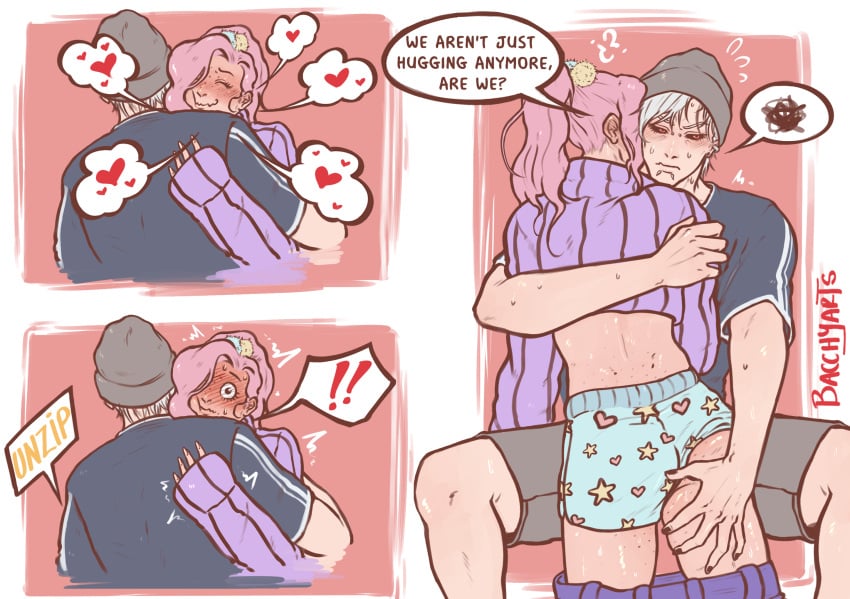 2boys ass bacchyarts blush downpants english_text femboy freckles gay groping hat heart height_difference jojo's_bizarre_adventure long_hair male male_focus male_only male_underwear multiple_boys pink_hair ponytail purple_sweater risotto_nero shirt shorts size_difference speech_bubble spoken_heart sweatdrop sweater underwear vento_aureo vinegar_doppio yaoi