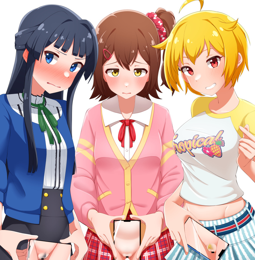 3girls absurdres ahoge black_hair blonde_hair blonde_pubic_hair blue_eyes blush breasts brown_eyes brown_hair cellphone censored cowboy_shot female female_pubic_hair hair_ornament hairclip highres holding holding_phone ibuki_tsubasa idolmaster idolmaster_million_live! jikantai kasuga_mirai long_hair looking_at_viewer medium_breasts mogami_shizuka multiple_girls one_side_up phone phone_screen photo_comparison pubic_hair red_eyes reverse_x-ray school_uniform scrunchie see-through short_hair simple_background smartphone white_background x-ray