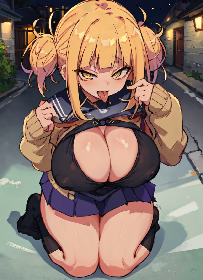 1girls ai_generated big_breasts blonde_hair cleavage hair_bun hi_res himiko_toga kneeling large_breasts mabi_ai my_hero_academia on_knees school_uniform schoolgirl skirt toga_himiko tongue tongue_out yellow_eyes